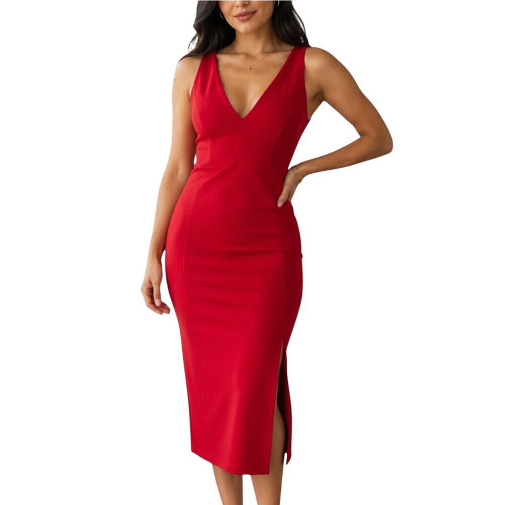 Lulus Iconic Moment Red Bodycon Midi Dress Medium NWT Cocktail